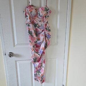 Cider Illusion Ruched Floral Midi Dress - Pink, Green, Purple